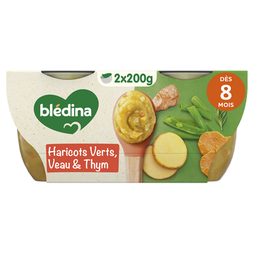 BLEDINA BLEDICHEF - Plat bébé du midi Haricots verts carottes veau, dès 8 mois - 2x200g - Repas bébé