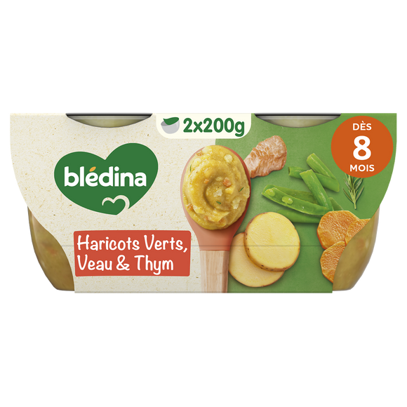 BLEDINA BLEDICHEF - Plat bébé du midi Haricots verts carottes veau, dès 8 mois - 2x200g - Repas bébé