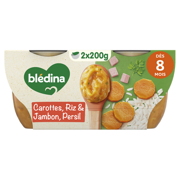 BLEDINA LES IDEES DE MAMAN - Plat bébé du midi Moulins de carottes, riz, jambon, dès 8 mois - 2x200g - Repas bébé