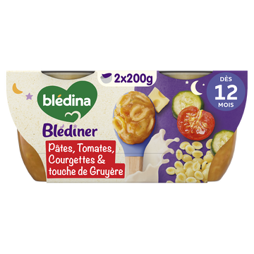 BLEDINA BLEDINER - Plat bébé du soir Pâtes coquilles Tomates Courgettes et touche de Gruyère, dès 12 mois - 2x200g - Repas bébé