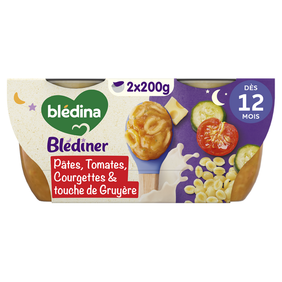 BLEDINA BLEDINER - Plat bébé du soir Pâtes coquilles Tomates Courgettes et touche de Gruyère, dès 12 mois - 2x200g - Repas bébé