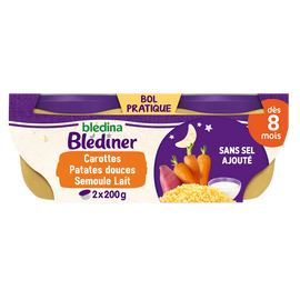 Plats bébé soir carottes patates douces semoule dès 8 mois BLEDINER BLEDINA 2x200g