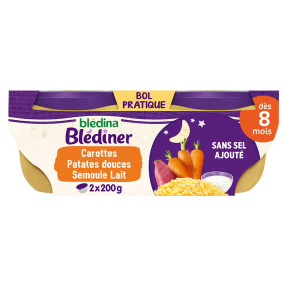 Plats bébé soir carottes patates douces semoule dès 8 mois BLEDINER BLEDINA 2x200g