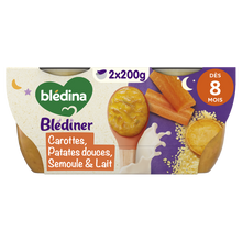 BLEDINA BLEDINER - Plat bébé du soir Carottes patates douces semoule et lait, dès 8 mois - 2x200g - Repas bébé
