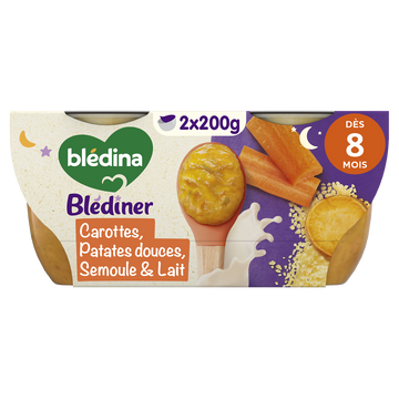 BLEDINA BLEDINER - Plat bébé du soir Carottes patates douces semoule et lait, dès 8 mois - 2x200g - Repas bébé