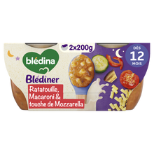 BLEDINA BLEDINER - Plat bébé du soir Ratatouille macaronis, dès 12 mois - 2x200g - Repas bébé