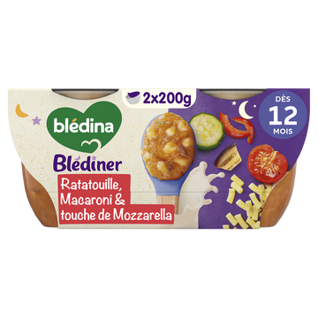 BLEDINA BLEDINER - Plat bébé du soir Ratatouille macaronis, dès 12 mois - 2x200g - Repas bébé