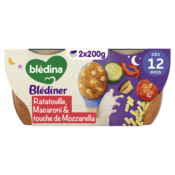 BLEDINA BLEDINER - Plat bébé du soir Ratatouille macaronis, dès 12 mois - 2x200g - Repas bébé