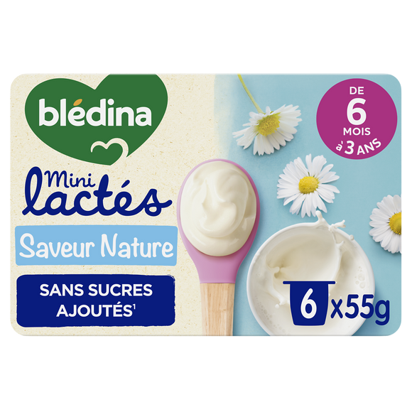 BLEDINA MINI LACTES - Desserts lactés bébé nature sans sucres, de 6 à12 mois - 6x55g
