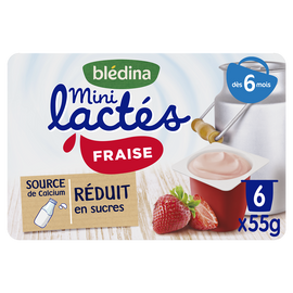 Mini lactés fraise BLEDINA, de 6 à 36 mois, 6 pots de 55g