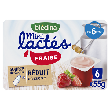 Mini lactés fraise BLEDINA, de 6 à 36 mois, 6 pots de 55g