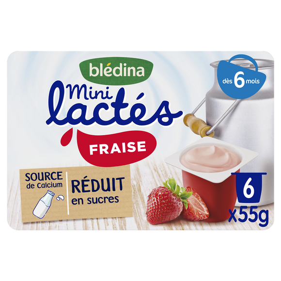 Mini lactés fraise BLEDINA, de 6 à 36 mois, 6 pots de 55g