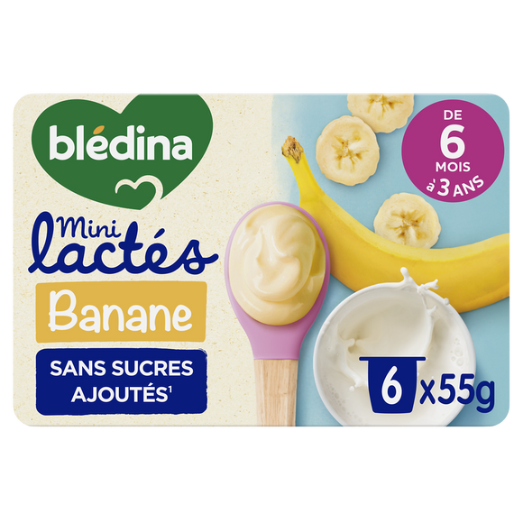BLEDINA MINI LACTES - Desserts lactés bébé banane, de 6 à 12 mois - 6x55g