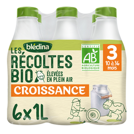 Lait de croissance bébé bio liquide 3ème âge de 1 à 3 ans LES RECOLTESBIO BLEDINA 6x1l