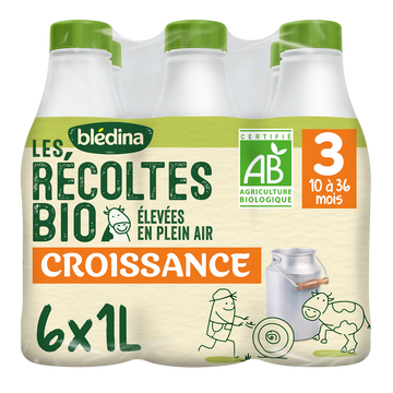 Lait de croissance bébé bio liquide 3ème âge de 1 à 3 ans LES RECOLTESBIO BLEDINA 6x1l