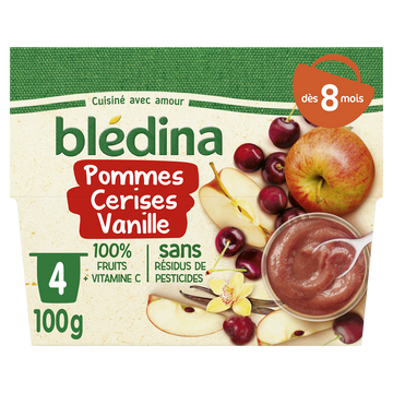 Purée de fruits bébé pommes cerises vanille dès 8 mois BLEDINA 4x100g