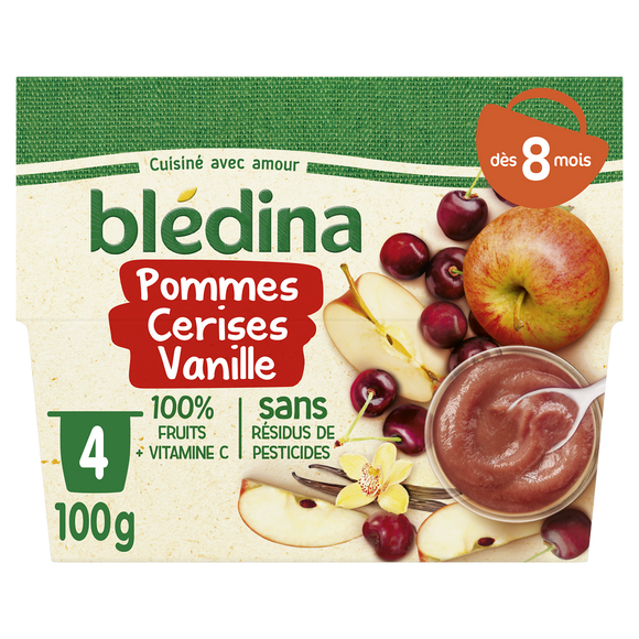 BLEDINA - Dessert bébé Pommes cerises vanille, dès 8 mois - 4x100g
