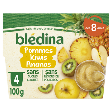 Purée de fruits bébé pommes kiwi ananas dès 8 mois BLEDINA 4x100g