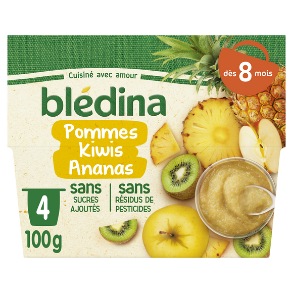 Purée de fruits bébé pommes kiwi ananas dès 8 mois BLEDINA 4x100g