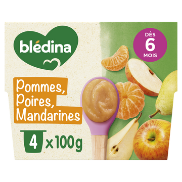 BLEDINA - Dessert bébé Pommes poires mandarines, dès 8 mois - 4x100g