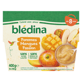 Purée de fruits bébé pommes mangue passion dès 8 mois BLEDINA 4x100g