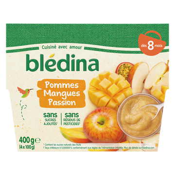 Purée de fruits bébé pommes mangue passion dès 8 mois BLEDINA 4x100g