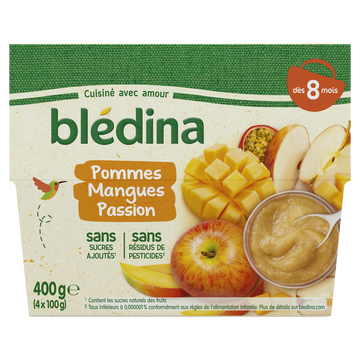 BLEDINA - Dessert bébé Pommes Mangues Passion, dès 8 mois - 4x100g
