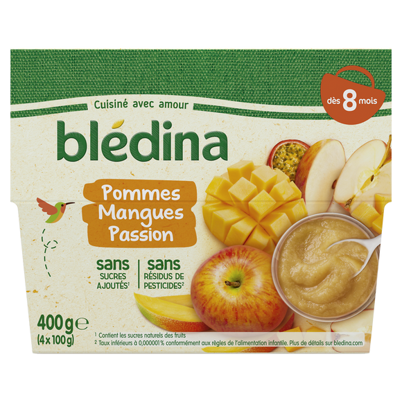 BLEDINA - Dessert bébé Pommes Mangues Passion, dès 8 mois - 4x100g