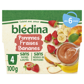 Purée de fruits bébé pommes fraises bananes dès 6 mois BLEDINA 4x100g