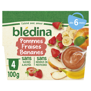 Purée de fruits bébé pommes fraises bananes dès 6 mois BLEDINA 4x100g