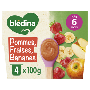 BLEDINA - Dessert bébé Pommes Fraises Bananes, de 6 à 12 mois - 4x100g