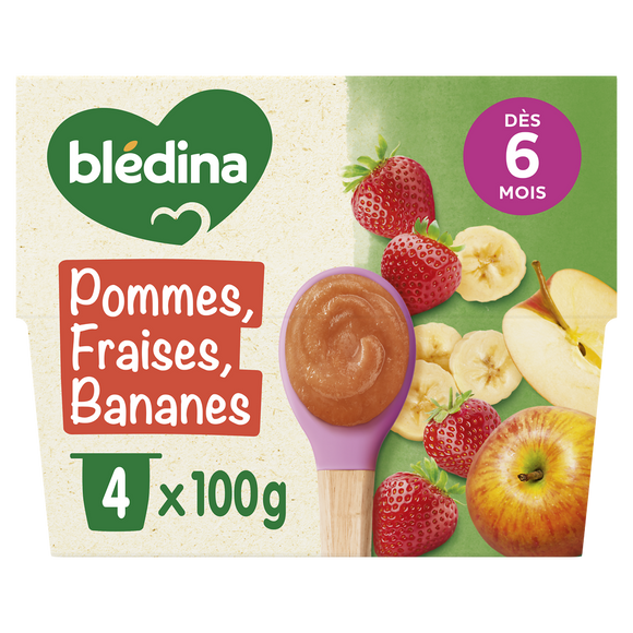 BLEDINA - Dessert bébé Pommes Fraises Bananes, de 6 à 12 mois - 4x100g