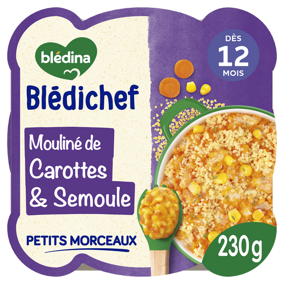 BLEDINA BLEDICHEF - Mouliné de carottes et semoule, dès 12 mois - 230g- Repas bébé