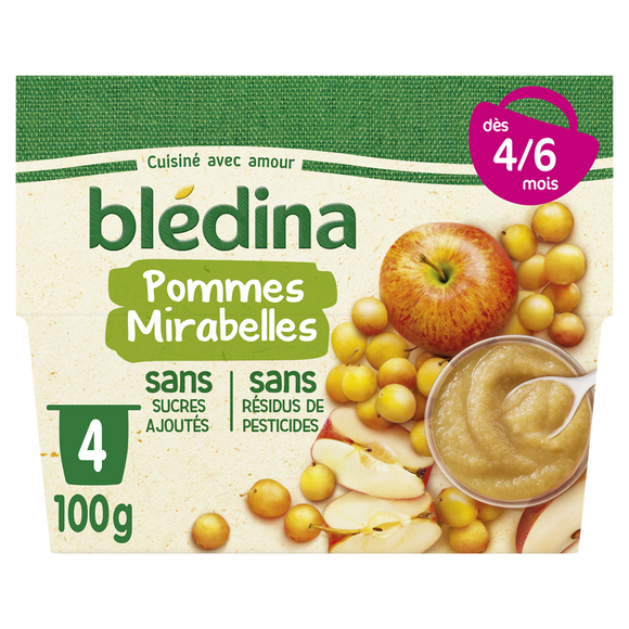 Purée de fruits bébé pommes mirabelles dès 8 mois BLEDINA 4x100g