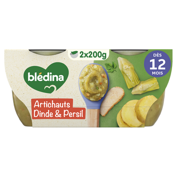 BLEDINA MES MOULINES - Ecrasé d'artichauts dinde des pays de la loire,dès 12 mois - 2x200g - Repas bébé