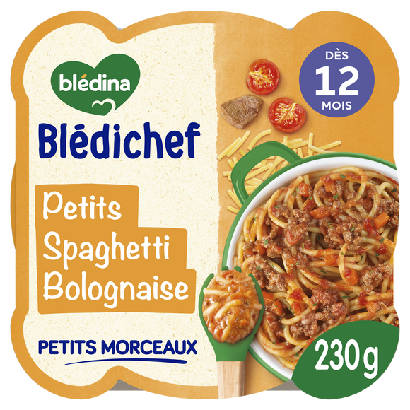 BLEDINA BLEDICHEF - Plat bébé du midi Spaghetti à la bolognaise, dès 12 mois - 230g - Repas bébé