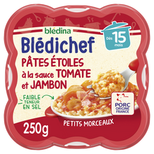 BLEDINA BLEDICHEF - Plat bébé du midi Pâtes étoiles à la sauce tomateet jambon, dès 15 mois - 250g - Repas bébé