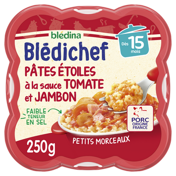 BLEDINA BLEDICHEF - Plat bébé du midi Pâtes étoiles à la sauce tomateet jambon, dès 15 mois - 250g - Repas bébé