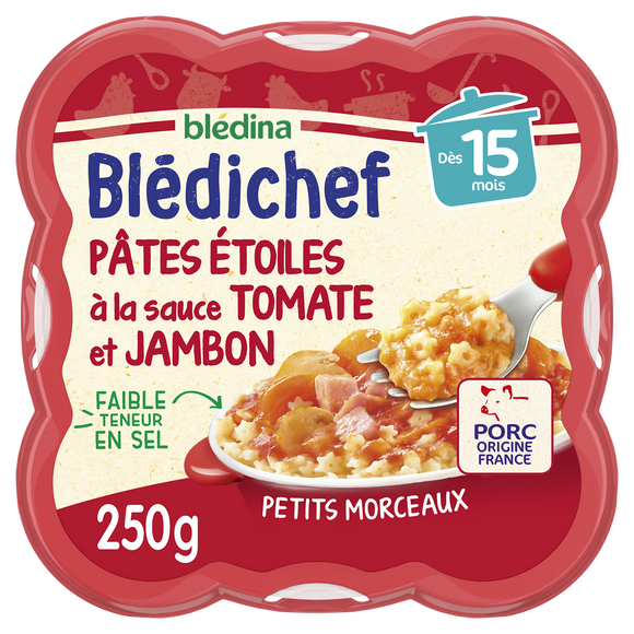 BLEDINA BLEDICHEF - Plat bébé du midi Pâtes étoiles à la sauce tomateet jambon, dès 15 mois - 250g - Repas bébé
