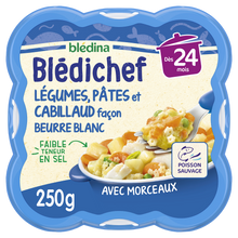BLEDINA BLEDICHEF - Plat bébé du midi Légumes, pâtes et cabillaud façon beurre blanc, dès 24 mois - 250g - Repas bébé