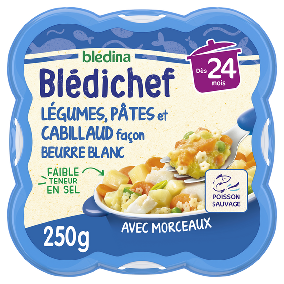 BLEDINA BLEDICHEF - Plat bébé du midi Légumes, pâtes et cabillaud façon beurre blanc, dès 24 mois - 250g - Repas bébé