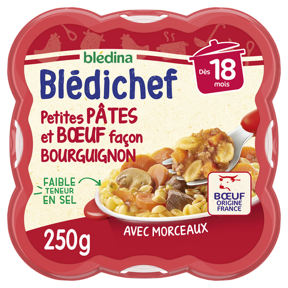 BLEDINA BLEDICHEF - Plat bébé légumes pâtes boeuf bourguignon, dès 18mois - 250g - Repas bébé