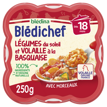 BLEDINA BLEDICHEF - Plat bébé du midi Légumes du soleil et volaille àla basquaise, dès 18 mois - 250g - Repas bébé