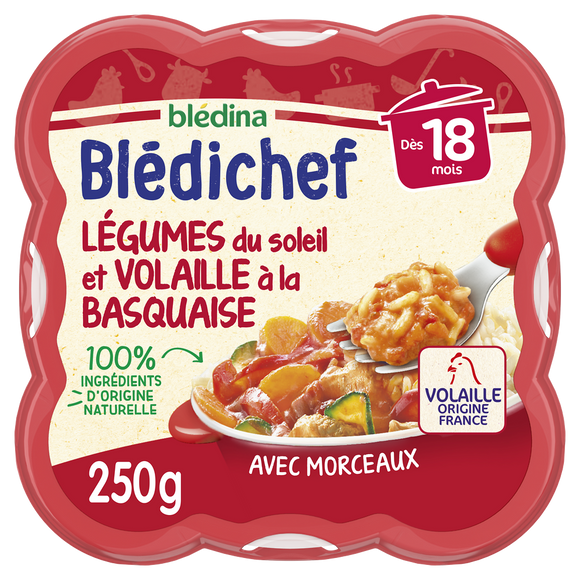 BLEDINA BLEDICHEF - Plat bébé du midi Légumes du soleil et volaille àla basquaise, dès 18 mois - 250g - Repas bébé