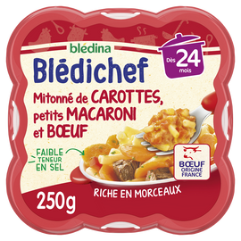 Plat bébé carottes et macaroni au boeuf dès 24 mois BLEDICHEF BLEDINA250g