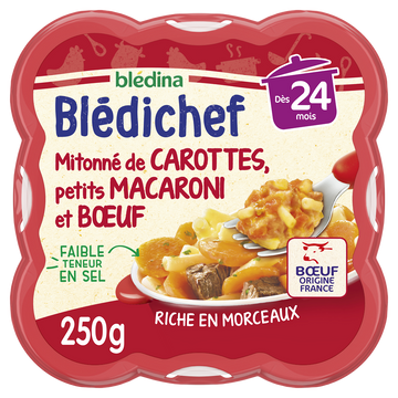 BLEDINA BLEDICHEF - Plat bébé du midi Mitonné de carottes, petits macaroni et boeuf, dès 24 mois - 250g - Repas bébé