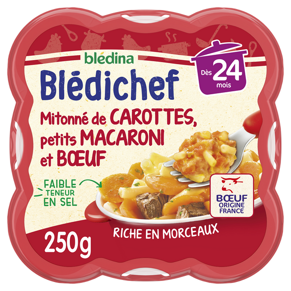 BLEDINA BLEDICHEF - Plat bébé du midi Mitonné de carottes, petits macaroni et boeuf, dès 24 mois - 250g - Repas bébé