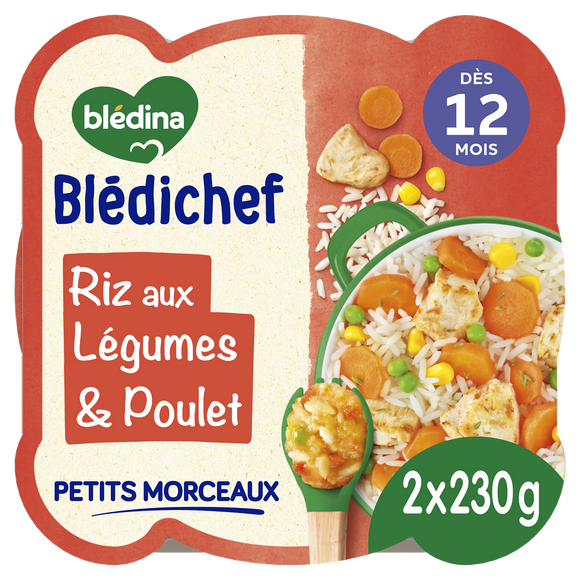 BLEDINA BLEDICHEF - Plat bébé du midi Riz aux légumes poulet, dès 12 mois - 2x230g - Repas bébé