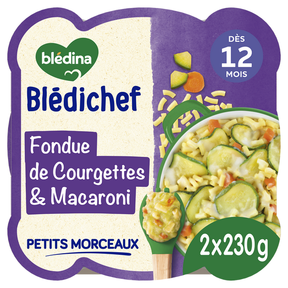 BLEDINA BLEDICHEF - Fondue de courgettes et petits macaronis, dès 12 mois - 2x230g - Repas bébé