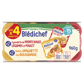 Plats bébé patate douce légumes poulet - spaghetti bolognaise dès 15 mois BLEDICHEF BLEDINA 2x230g + 2x250g